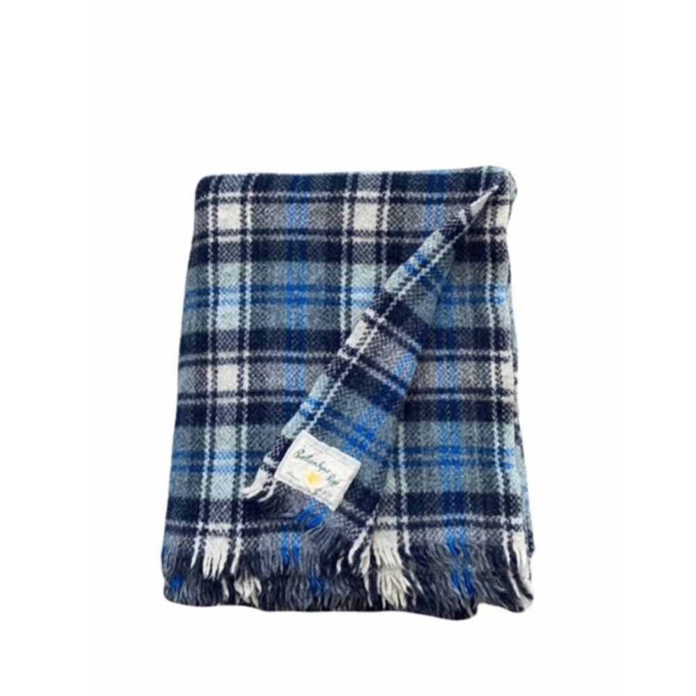 Ballantyne‎ Pure Wool Blue Plaid Checkered Fringe Vintage Throw Blanket